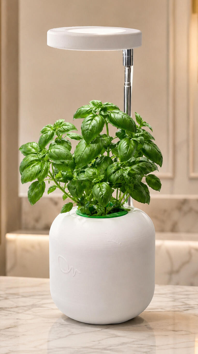 MiniGrow con basilico e luce circolare, pronto per gli spazi di casa